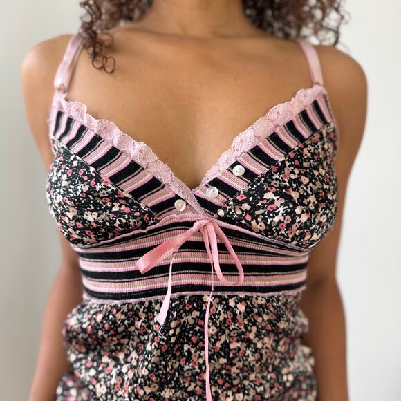 Vintage Euro floral + stripe satin knit camisole top (S/M) - Picture 3 of 7